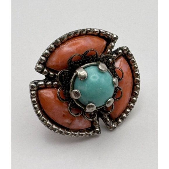 Vintage Faux Turquoise & Coral Earrings Screw Back Silver Tone Floral - Picture 4 of 6